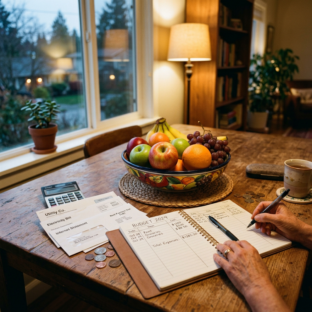 Hands writing budget expenses in notebook with bills, calculator, and fruit bowl on table