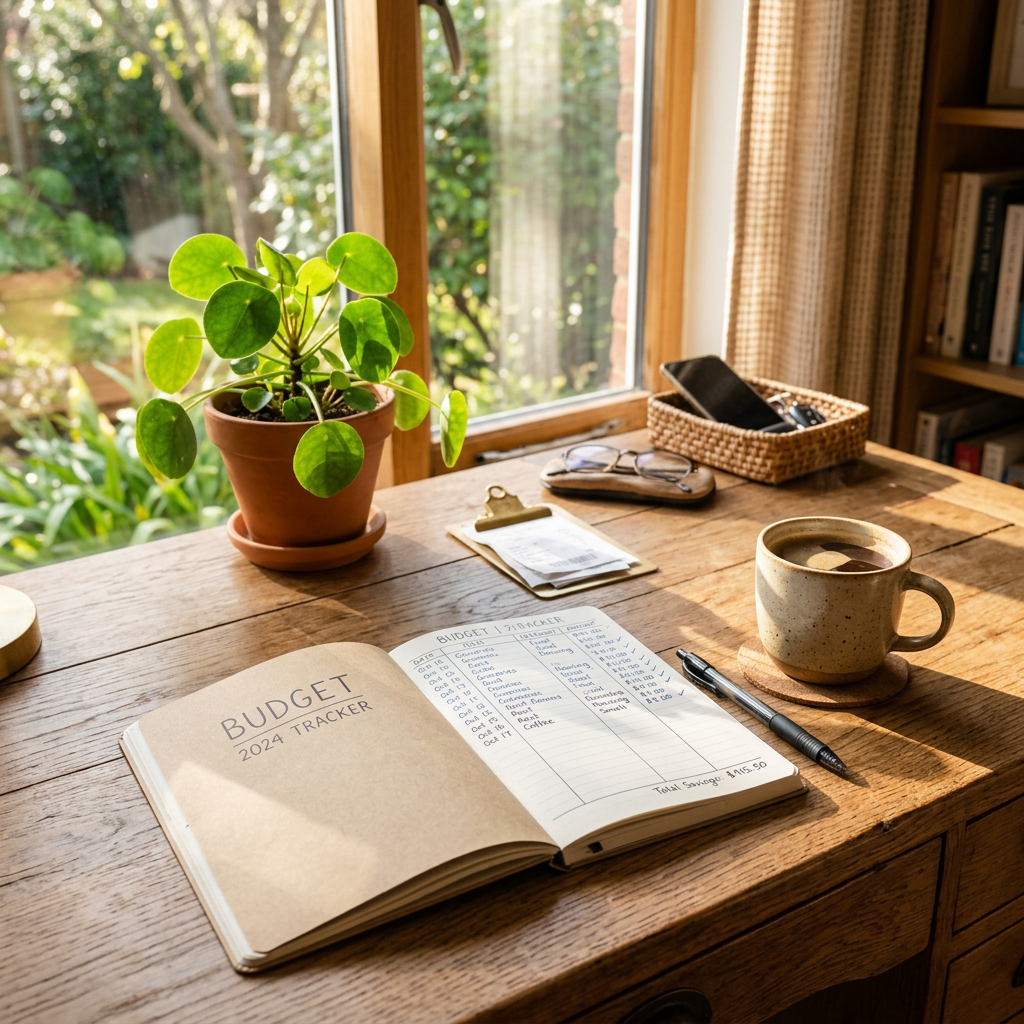 Open budget planner notebook with 2024 tracker and hand-written expenses on wooden desk