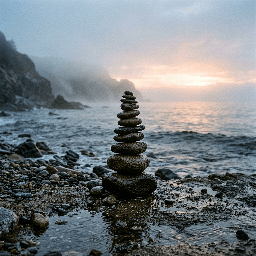 Stack of balanced smooth stones on rocky beach with sunset ocean background