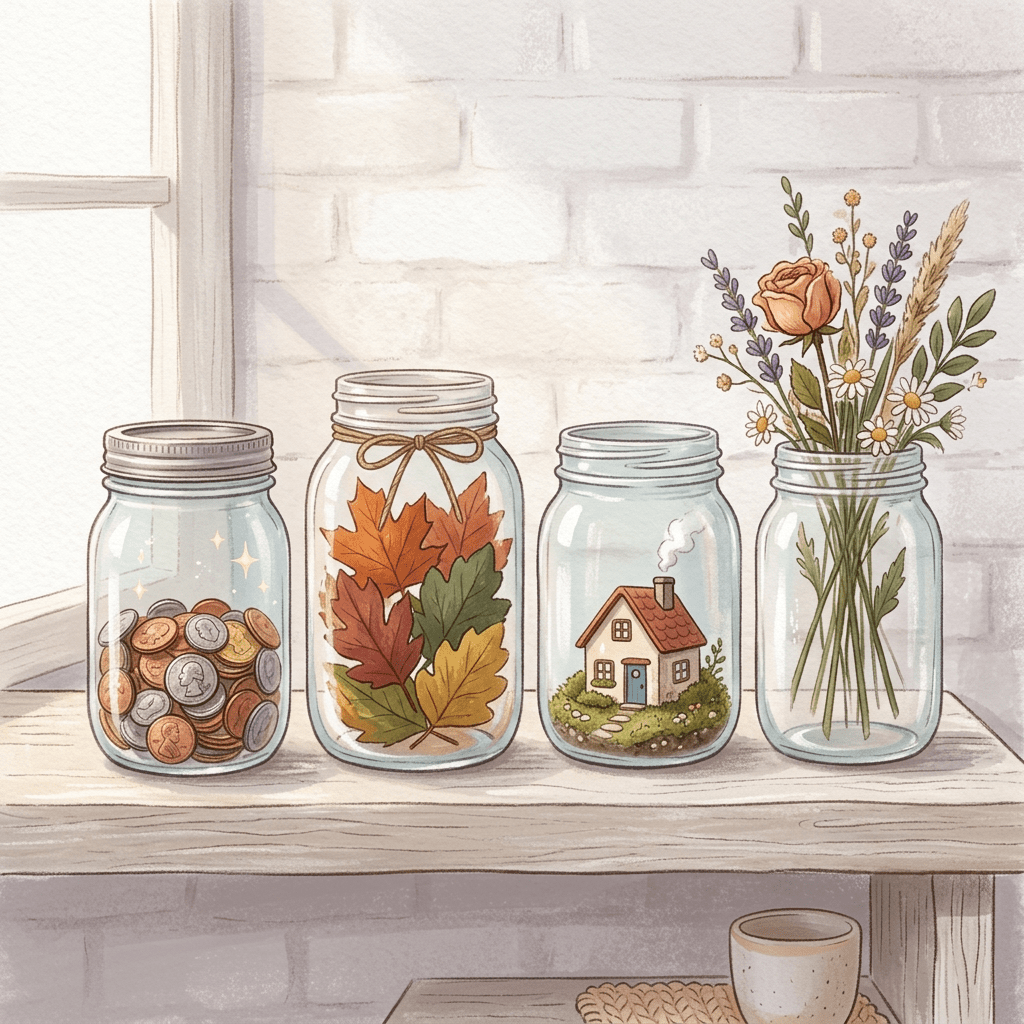 Four glass jars on a shelf containing coins, colorful autumn leaves, a small house model, and assorted wildflowers.
