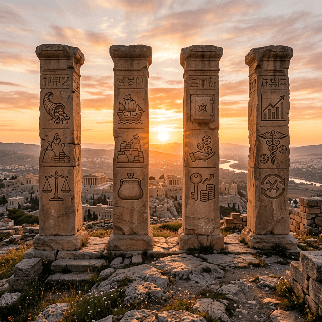 Four ancient stone pillars with financial and economic icons engraved