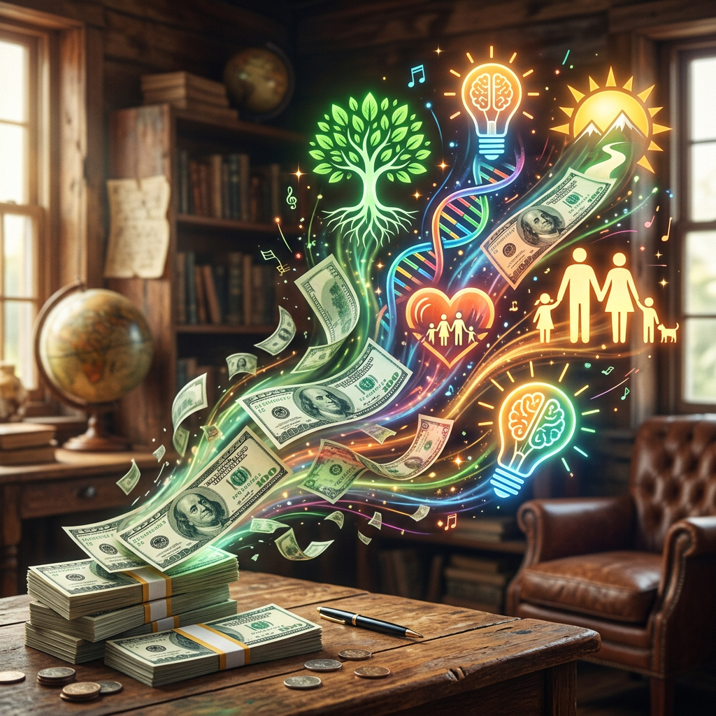 Stacks of money transforming into glowing icons representing family, knowledge, nature, and innovation