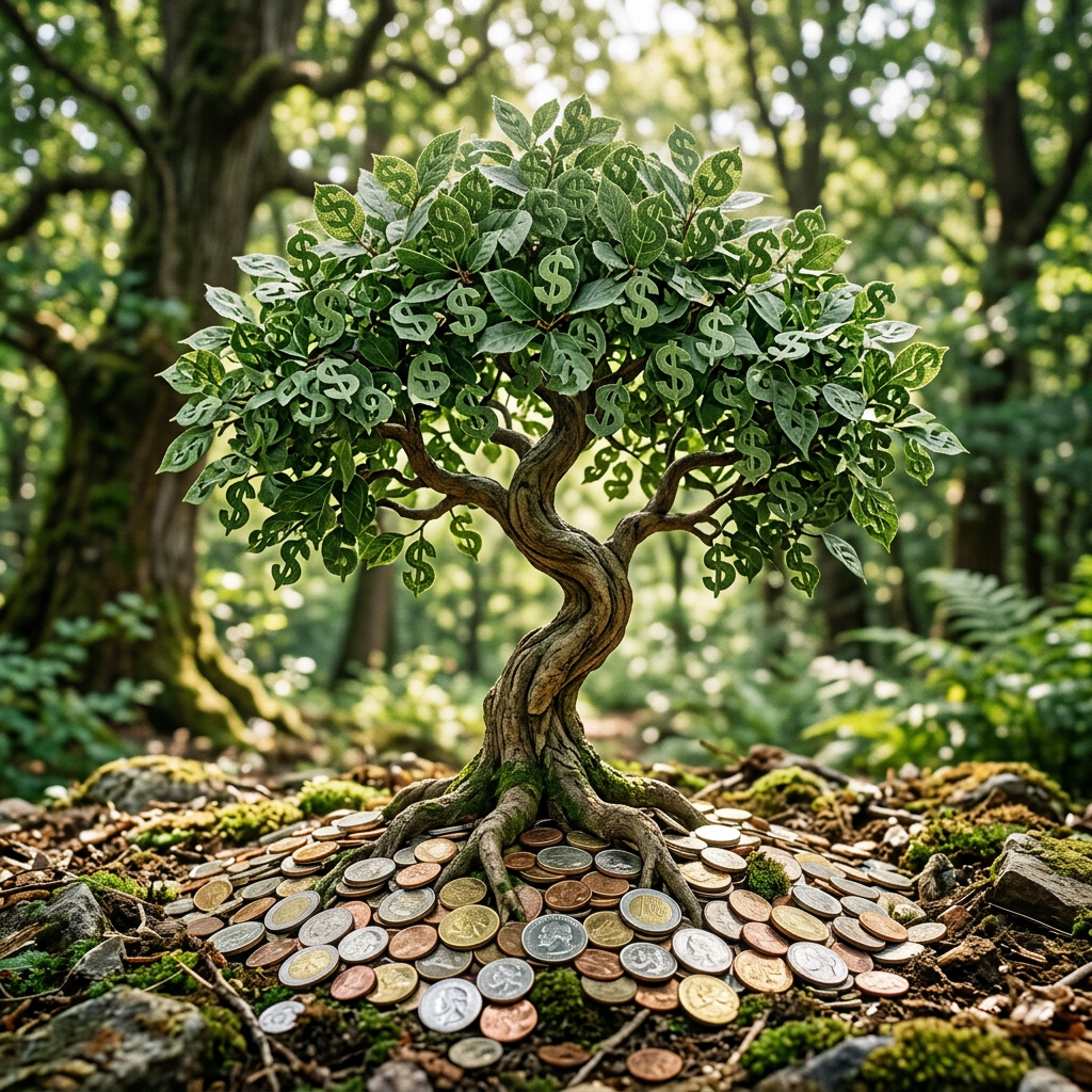 A small tree with leaves shaped like dollar signs growing from coins on the forest floor