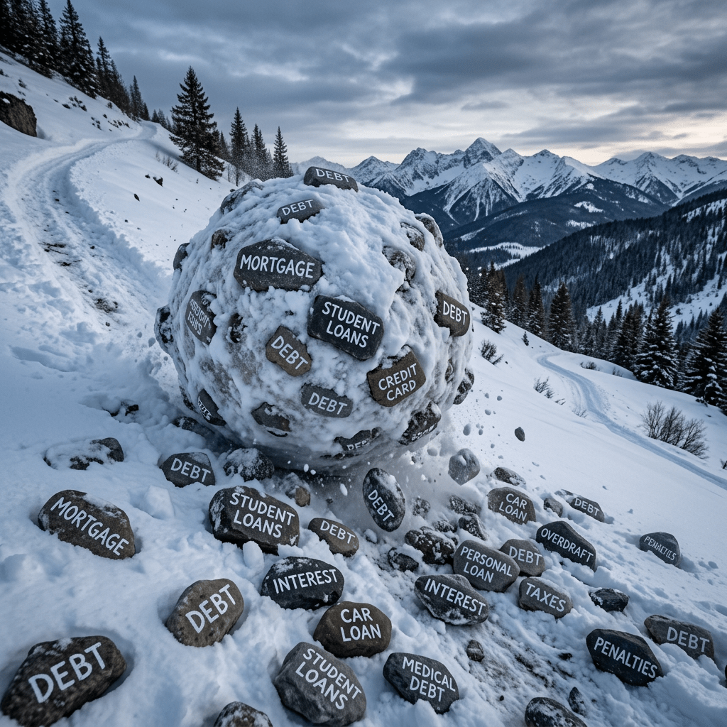 Snowball rolling down a snowy mountain slope collecting rocks labeled with debt types