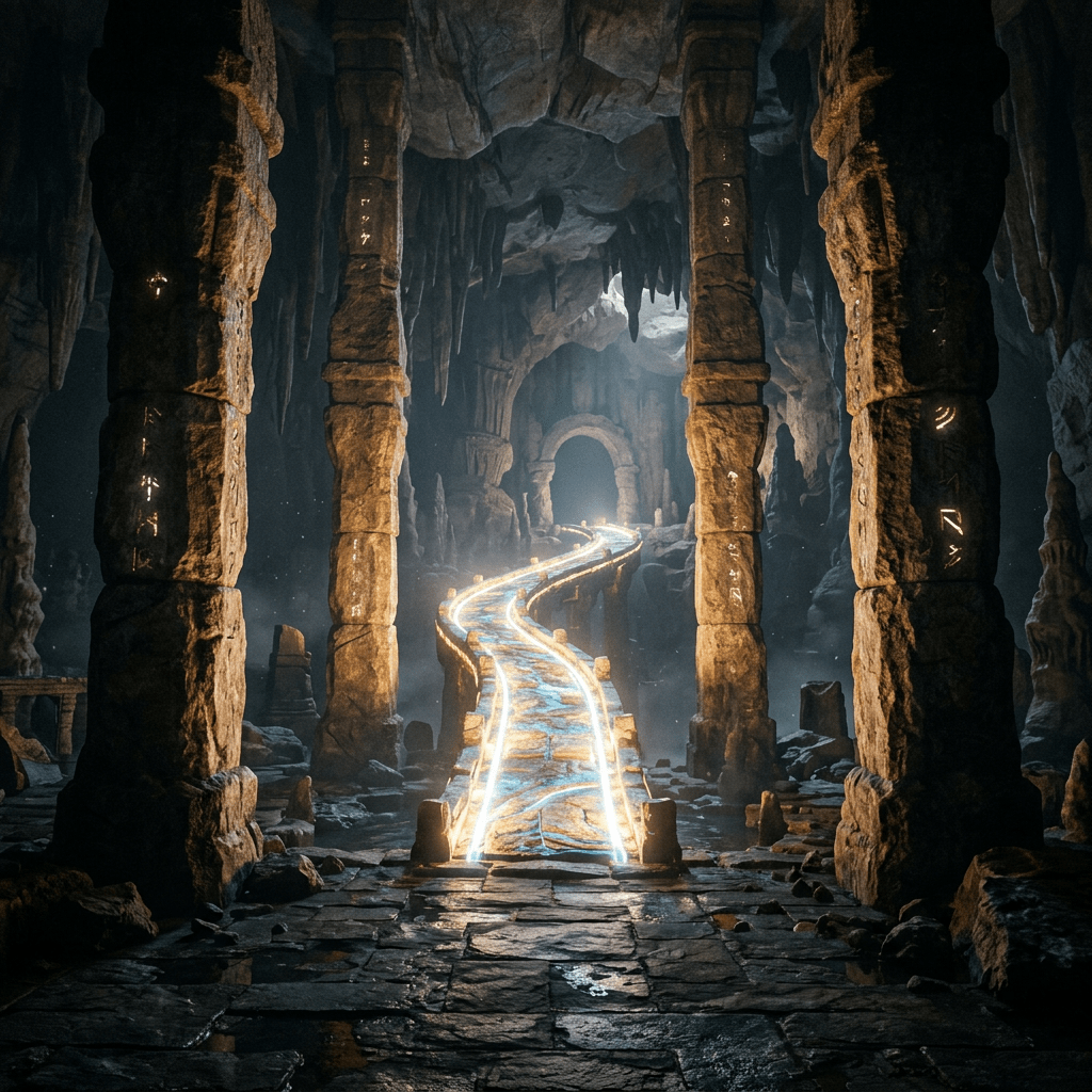 Glowing stone pathway inside a large cave surrounded by ancient pillars with inscriptions