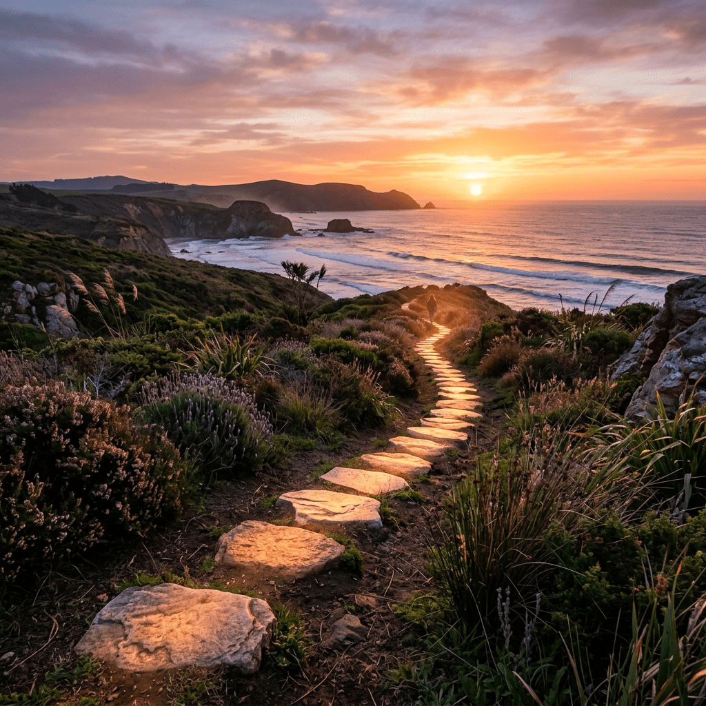 Stone path winding through coastal vegetation towards the ocean at sunset