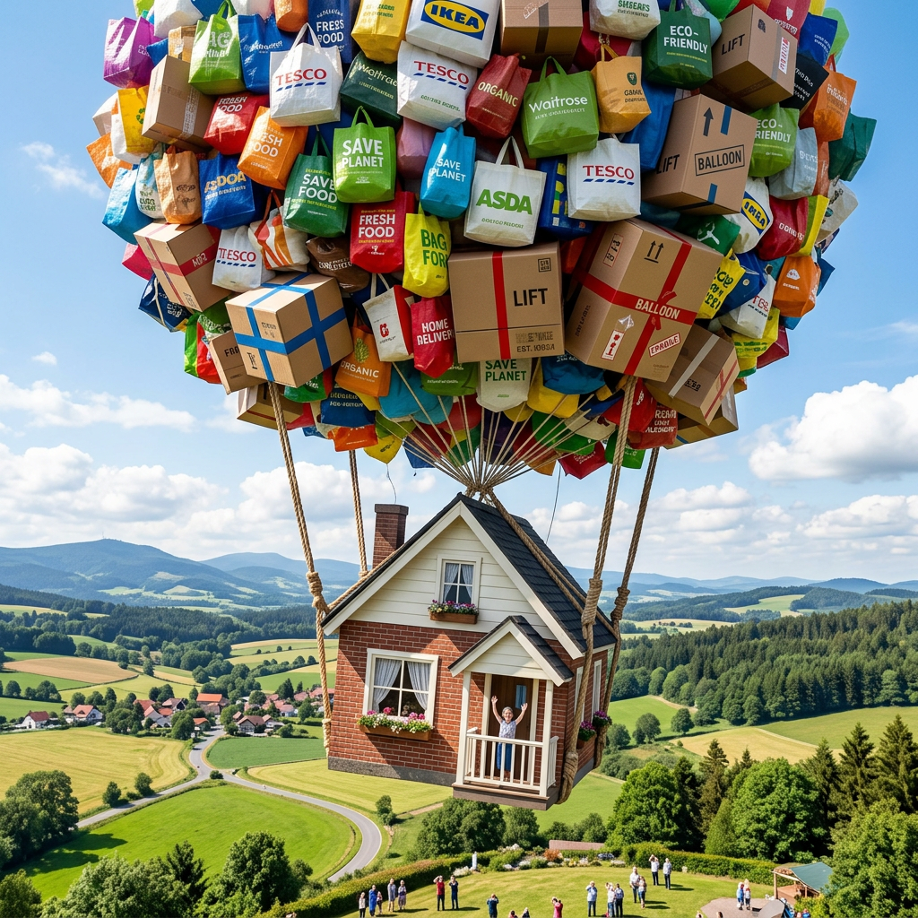 House lifted by hot air balloon crafted from colorful reusable shopping bags and cardboard boxes
