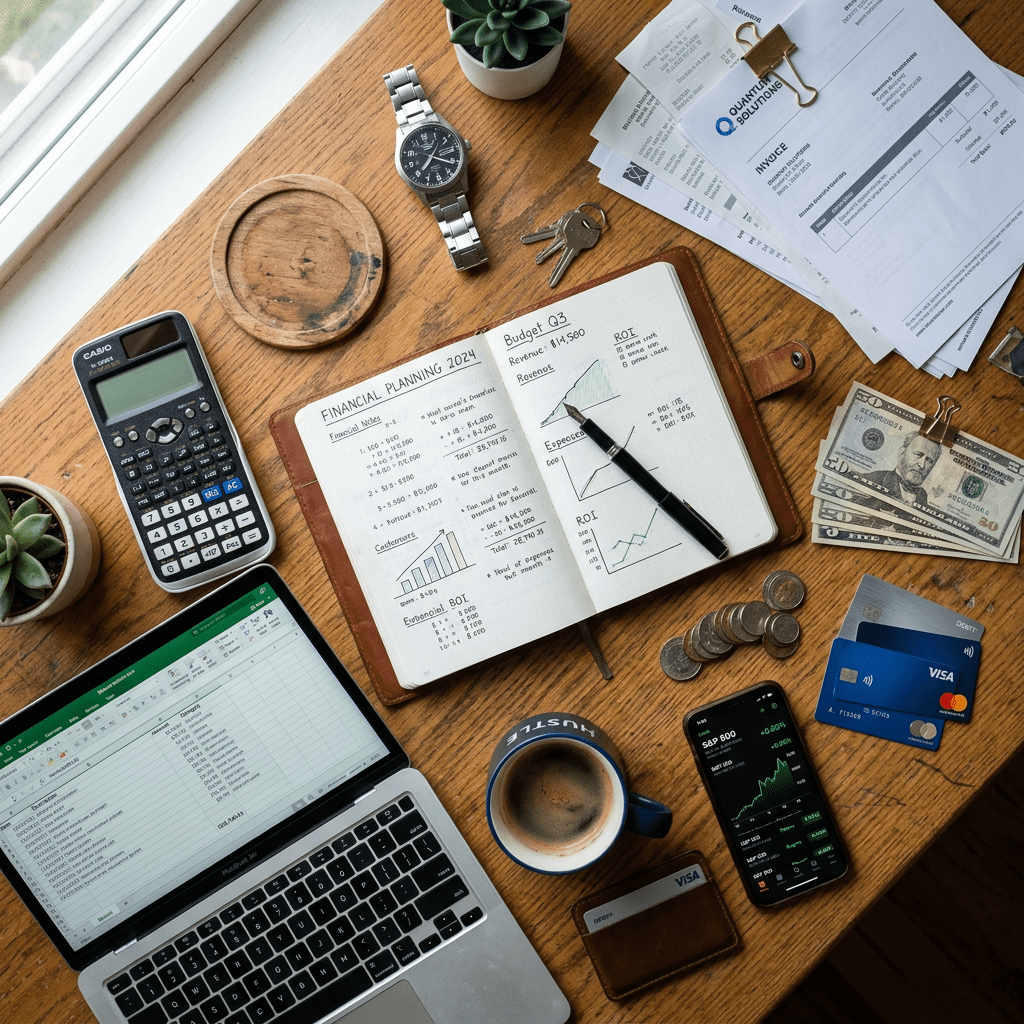 Open notebook with financial charts and notes, calculator, laptop displaying spreadsheet, credit cards, cash, coins, keys, watch, smartphone with stock charts, coffee cup, succulents, and invoices on wooden table