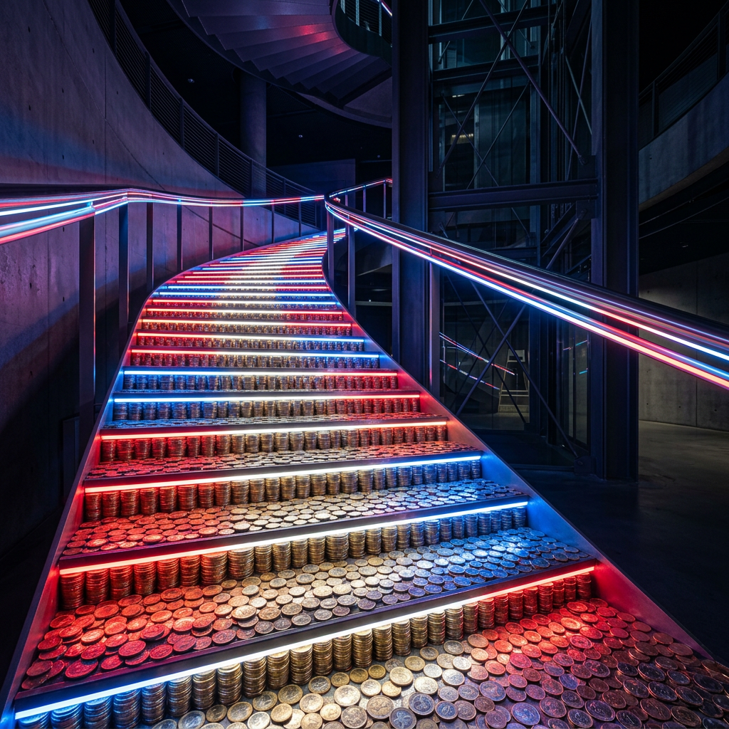 Spiral staircase with steps made of stacks of coins illuminated by red and blue neon lights