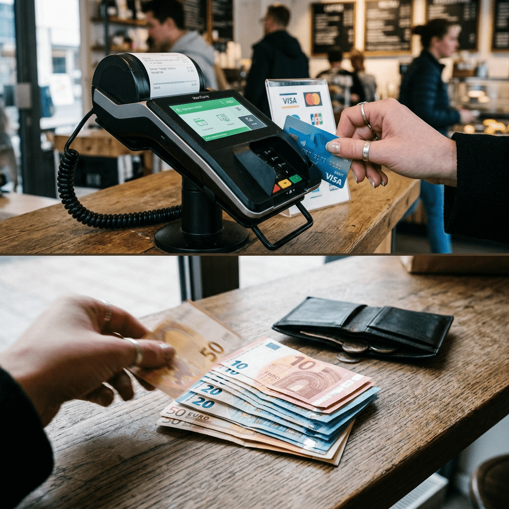 Person using Visa card for contactless payment and euro banknotes on a wooden counter