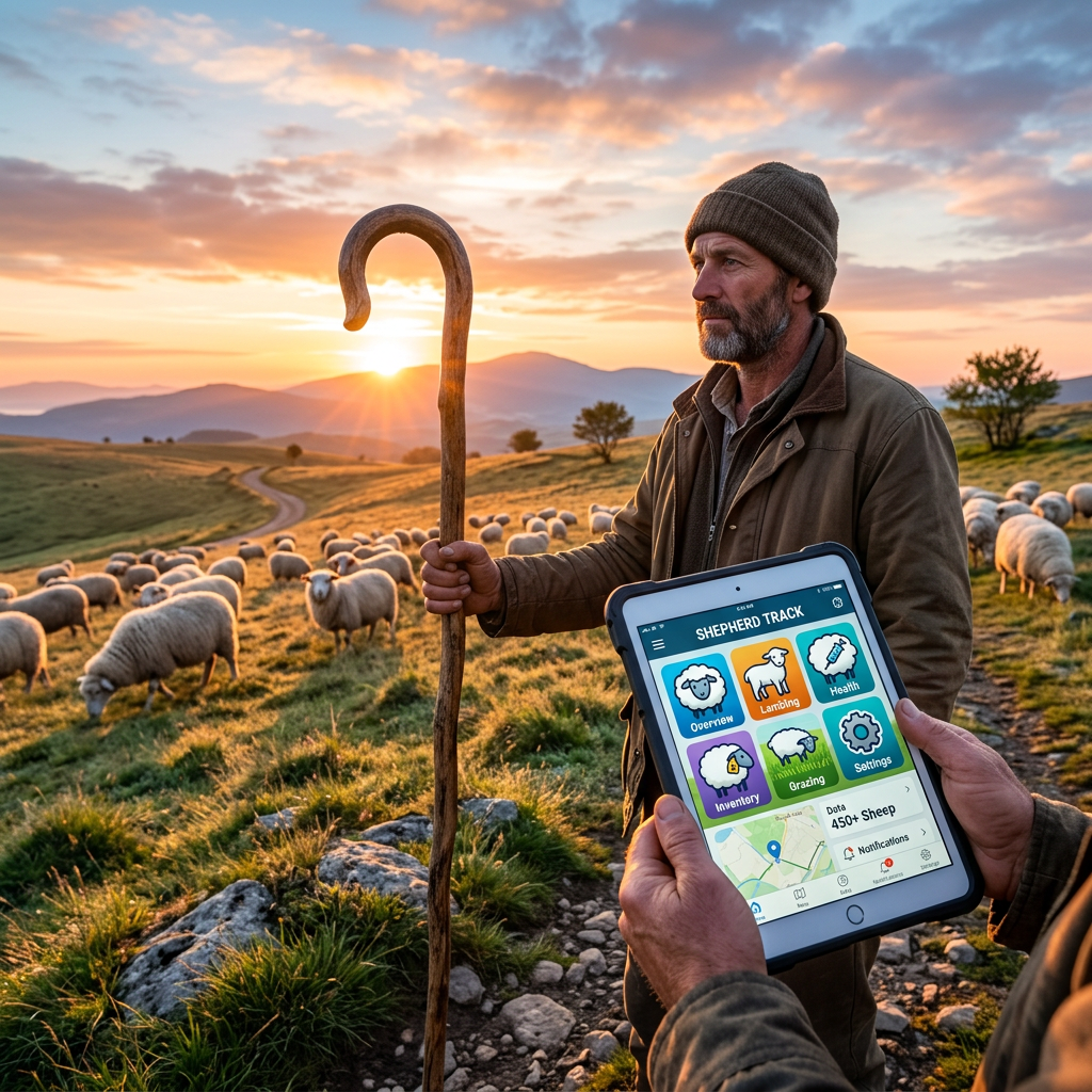 Shepherd staff, tablet, sheep-shaped app icons, sunrise