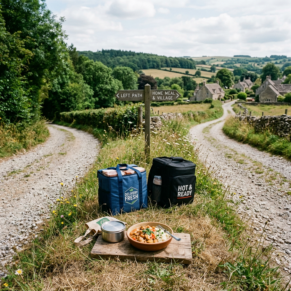 Meal delivery bags and a prepared dish at a rural crossroads with signposts
