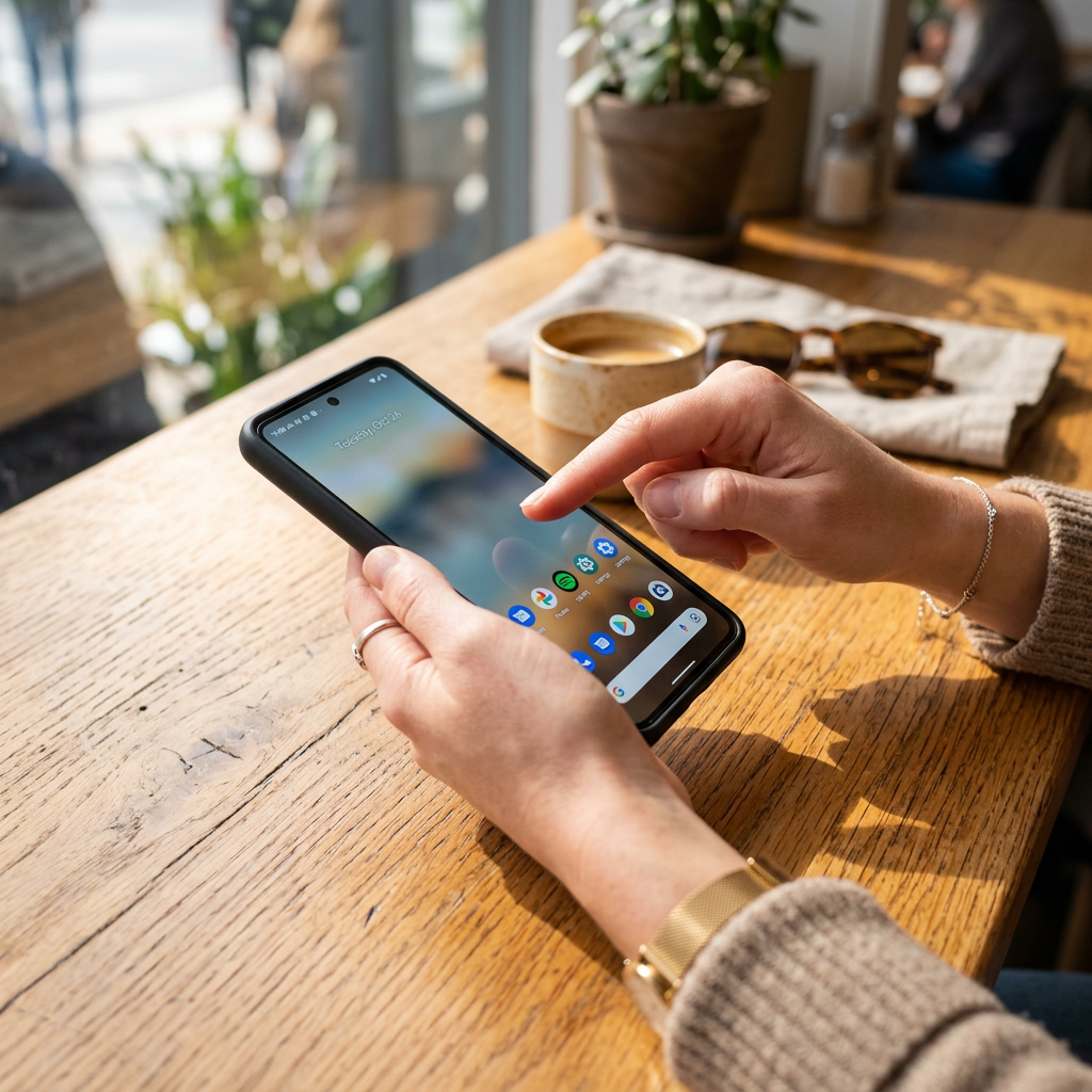 Person's hands holding and tapping a smartphone screen at a wooden table with coffee cup and sunglasses