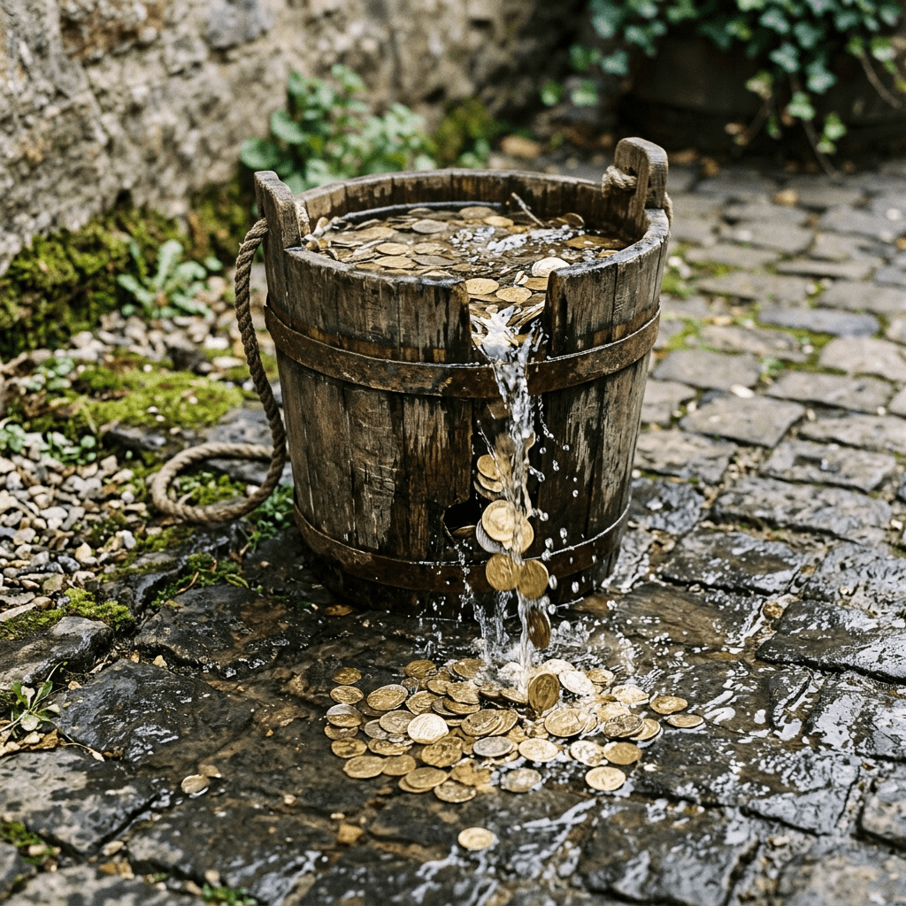 Wooden bucket leaking water and gold coins onto cobblestone ground